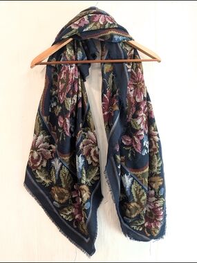 Women's Floral Navy Square Scarf Shawl Victorian Cottagecore